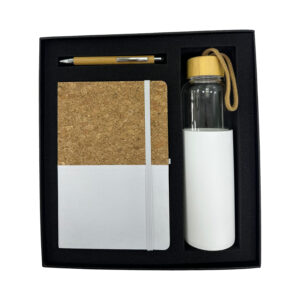 Eco-friendly gift set with notebook, pen, and bottle.