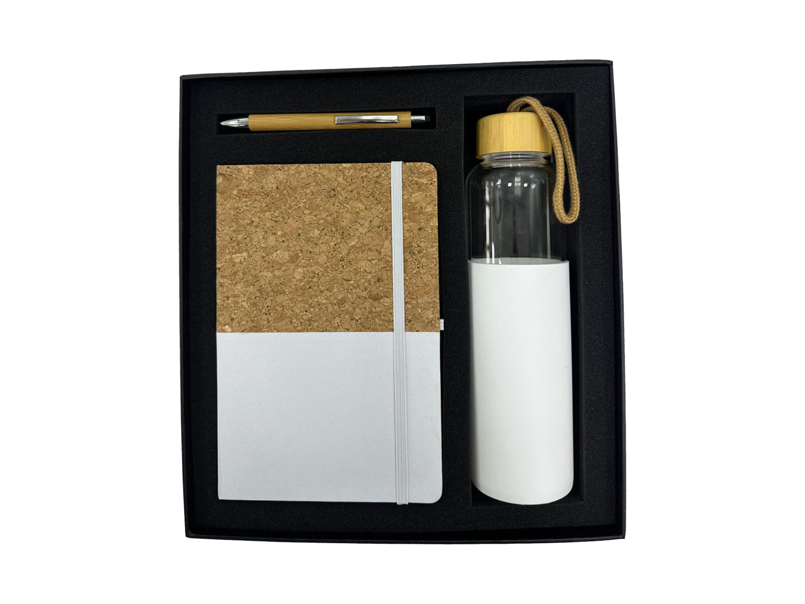 Eco-friendly gift set with notebook, pen, and bottle.
