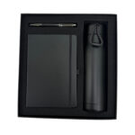 Black notebook, pen, and bottle gift set in box.