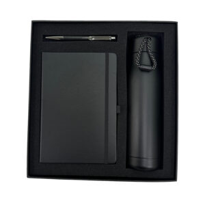 Black notebook, pen, and bottle gift set in box.