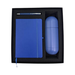 Blue pen, notebook, bottle gift set
