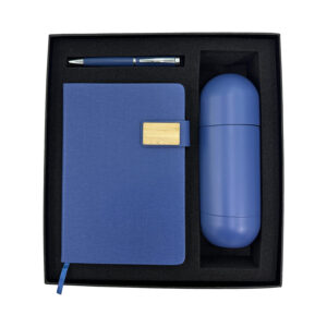Blue notebook, pen, and bottle gift set