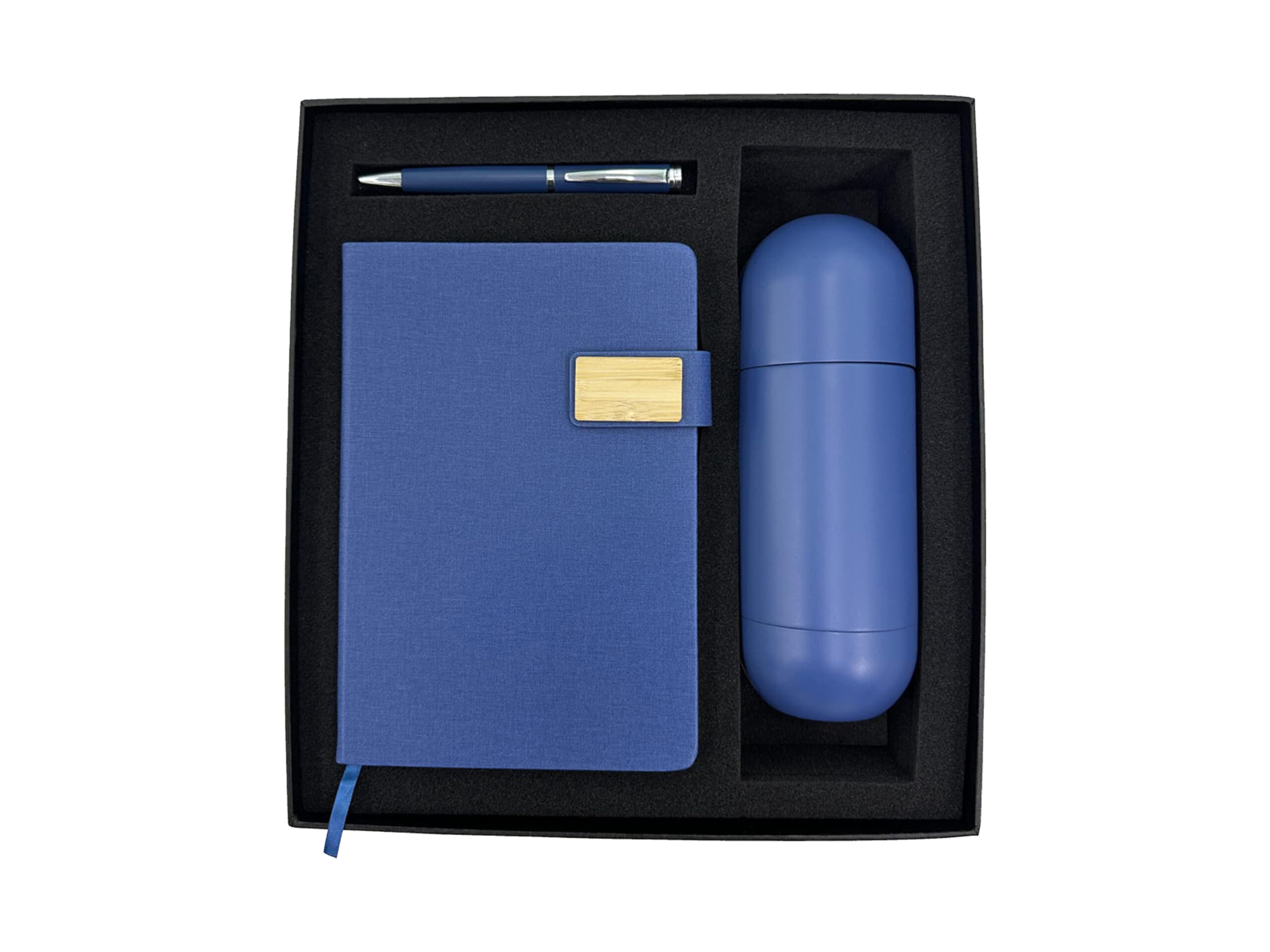 Blue notebook, pen, and bottle gift set
