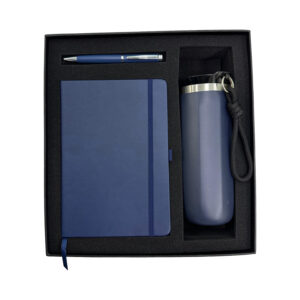 Blue notebook, pen, tumbler gift set in box.