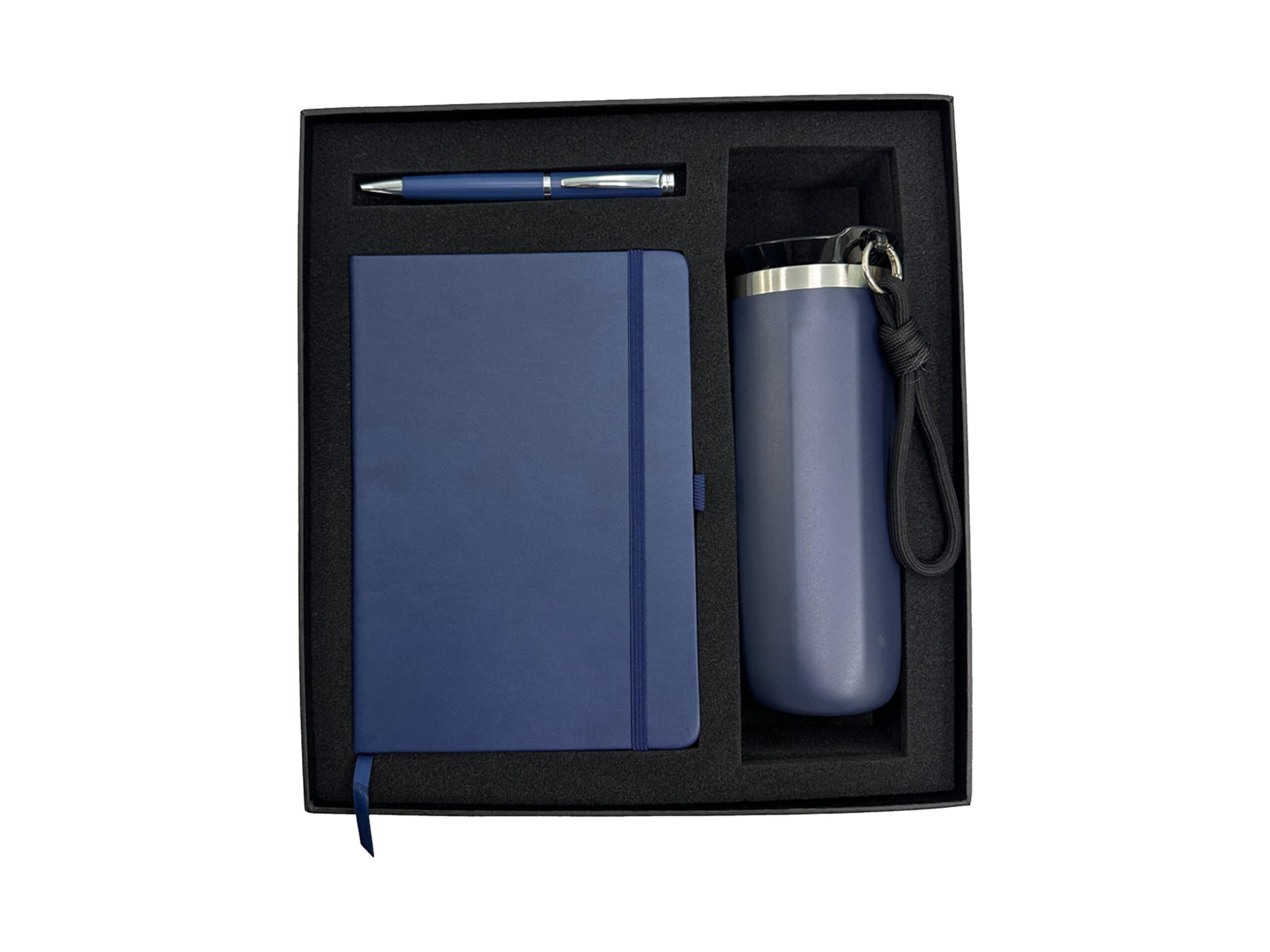 Blue notebook, pen, tumbler gift set in box.