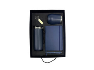 Blue gift set with notebook, bottles, pen, keychain.