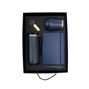 Blue gift set with notebook, bottles, pen, keychain.