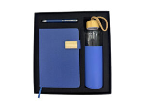 Blue notebook, pen, and bottle gift set