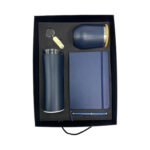 Blue gift set: tumbler, cup, notebook, pen, keychain.