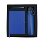 Blue gift set with notebook, pen, bottle.