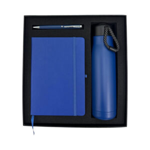 Blue gift set with notebook, pen, bottle.
