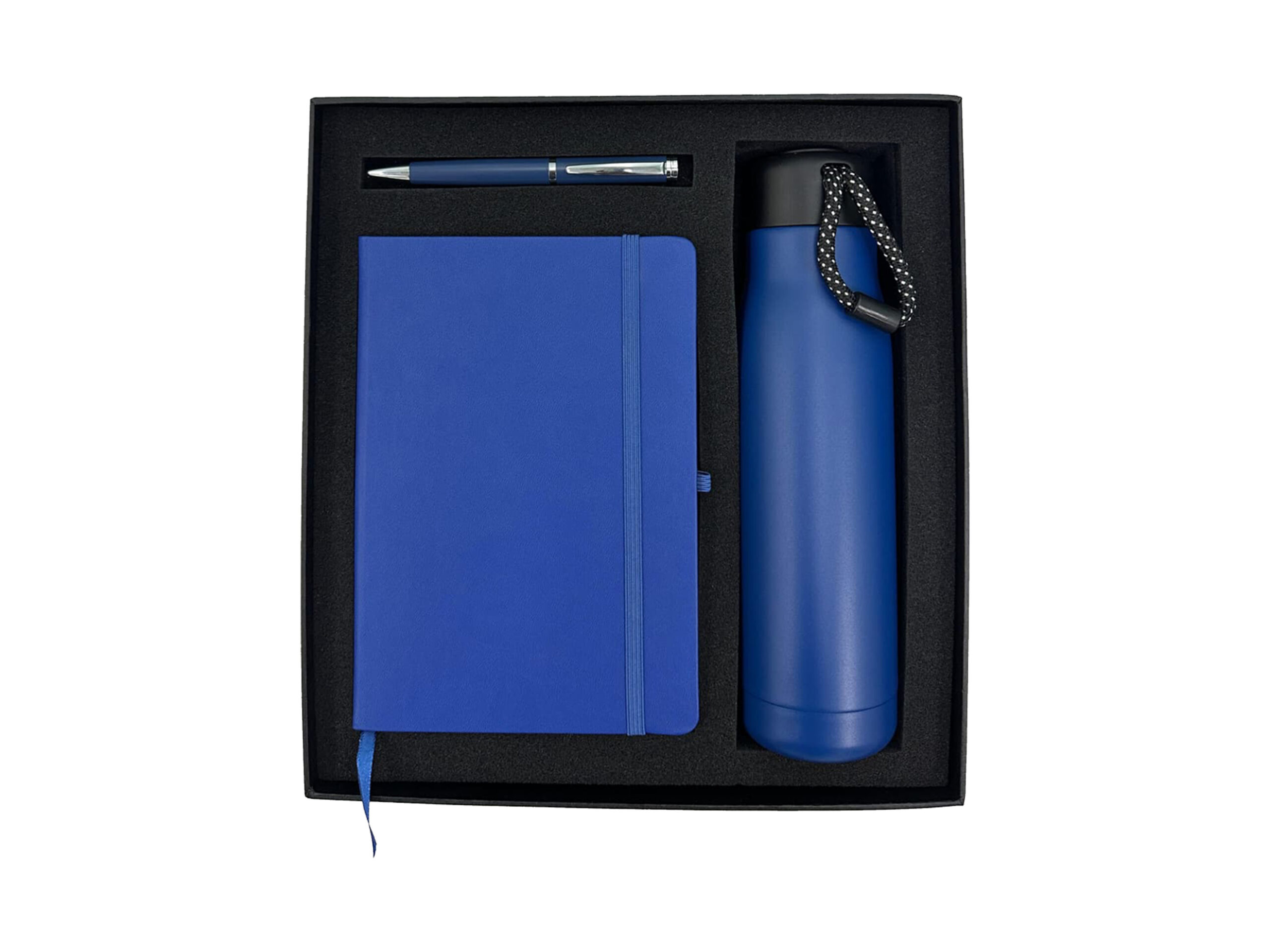 Blue gift set with notebook, pen, bottle.