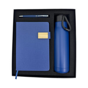 Blue notebook, pen, and bottle gift set.