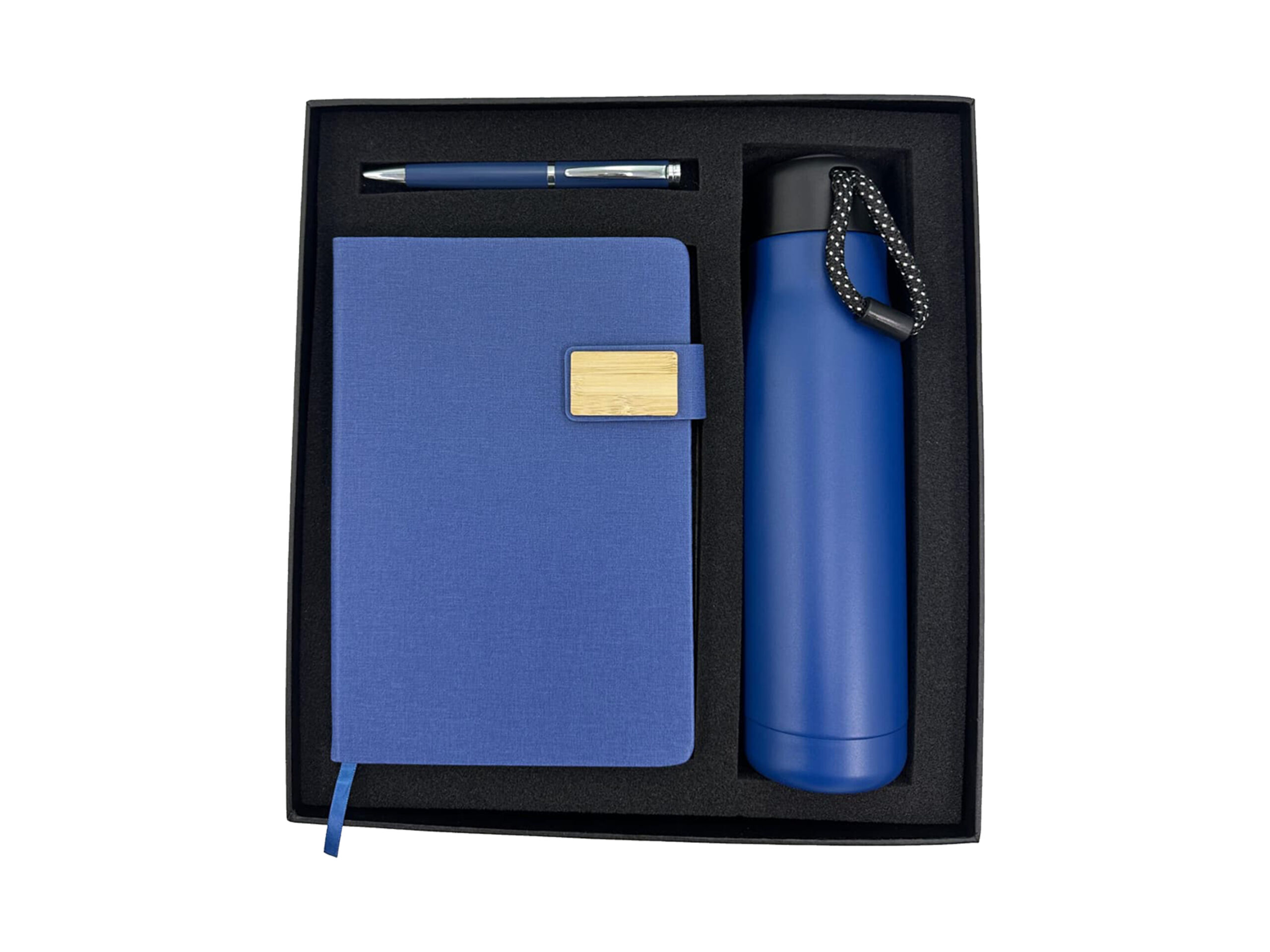 Blue notebook, pen, and bottle gift set.