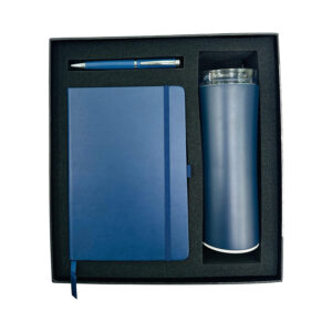 Blue notebook, pen, and tumbler gift set.