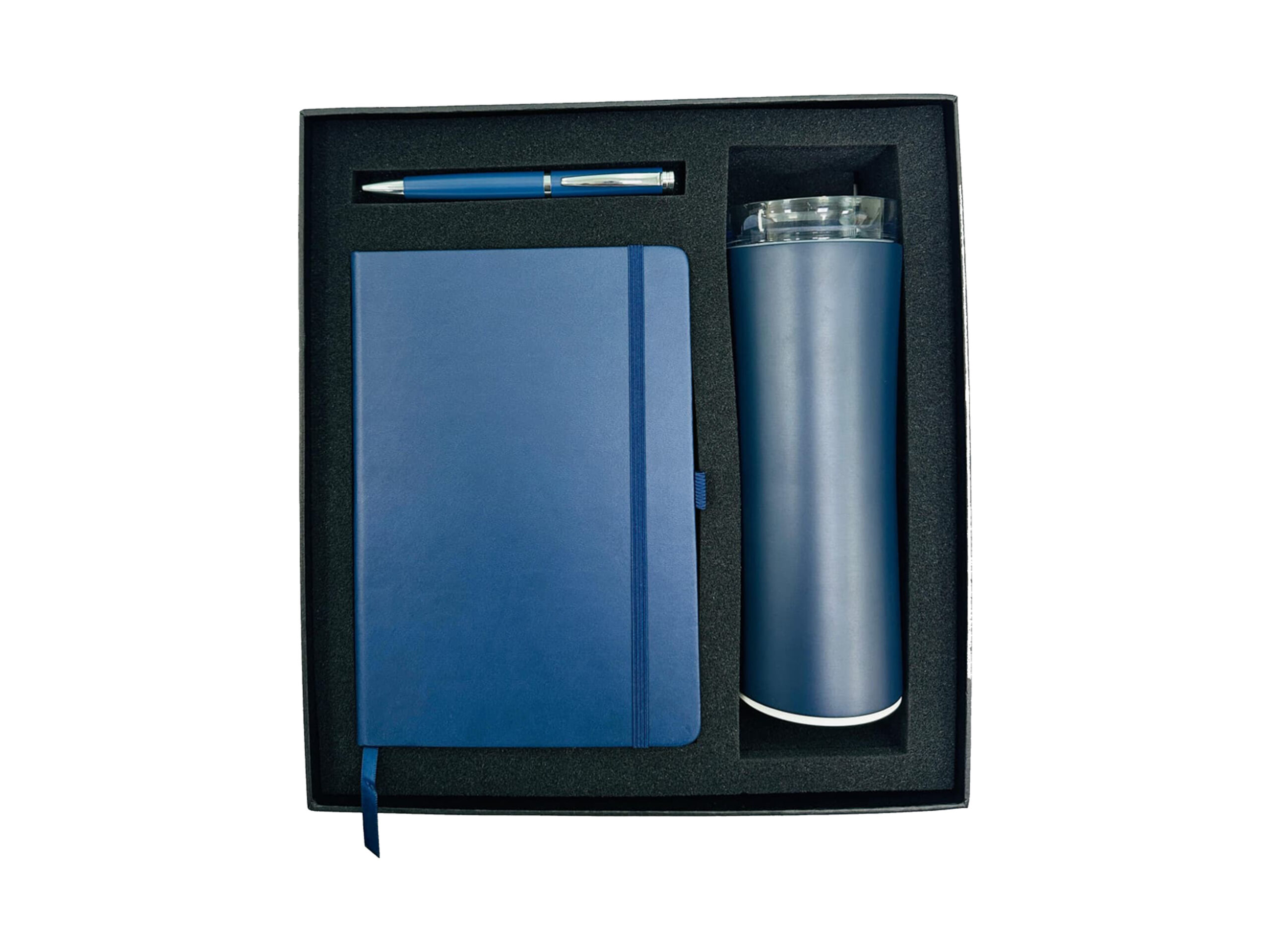 Blue notebook, pen, and tumbler gift set.