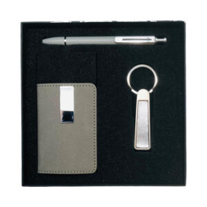 Gift set with pen, keychain, card holder.