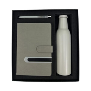 Gift set with notebook, pen, and bottle