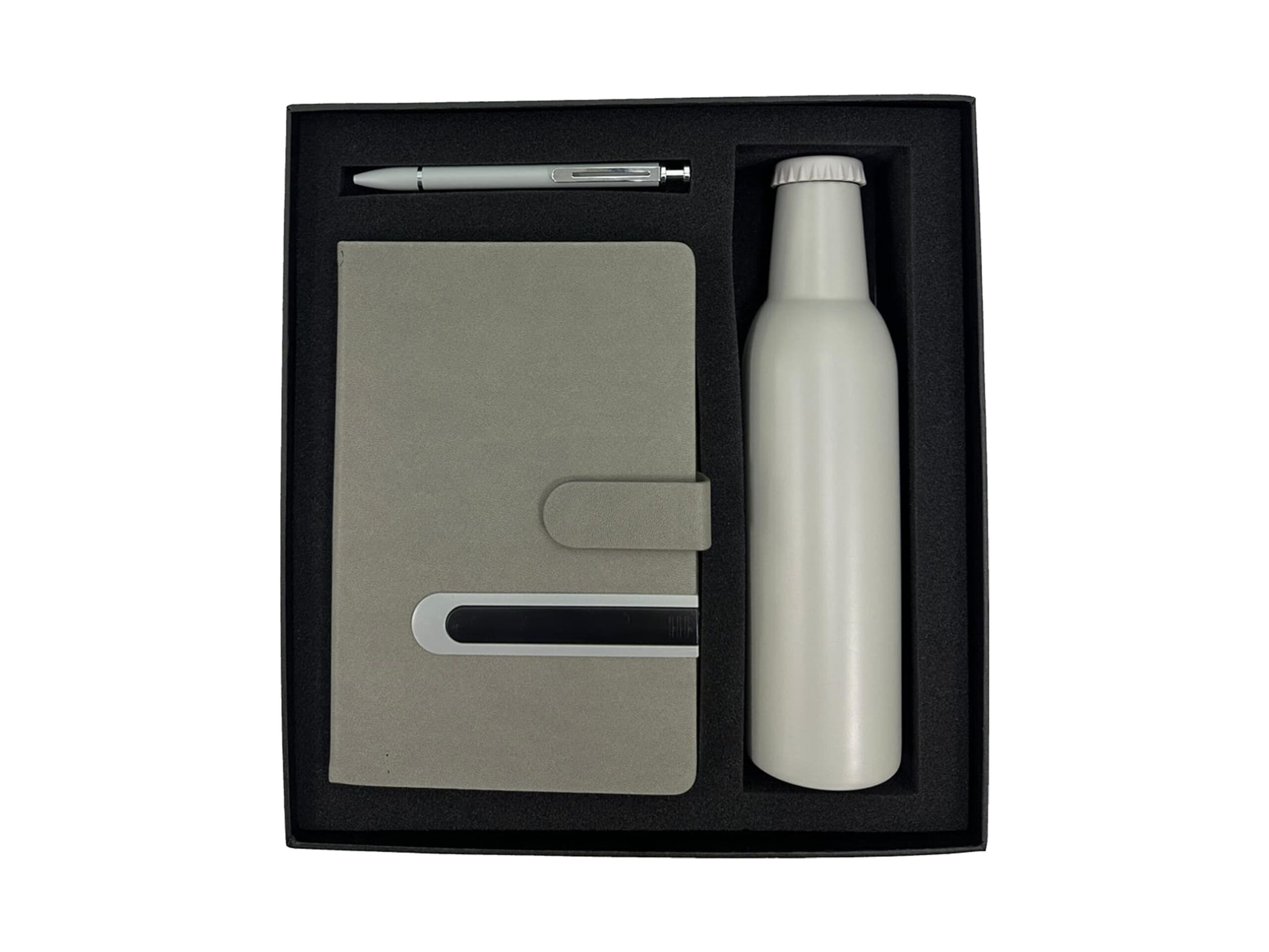 Gift set with notebook, pen, and bottle