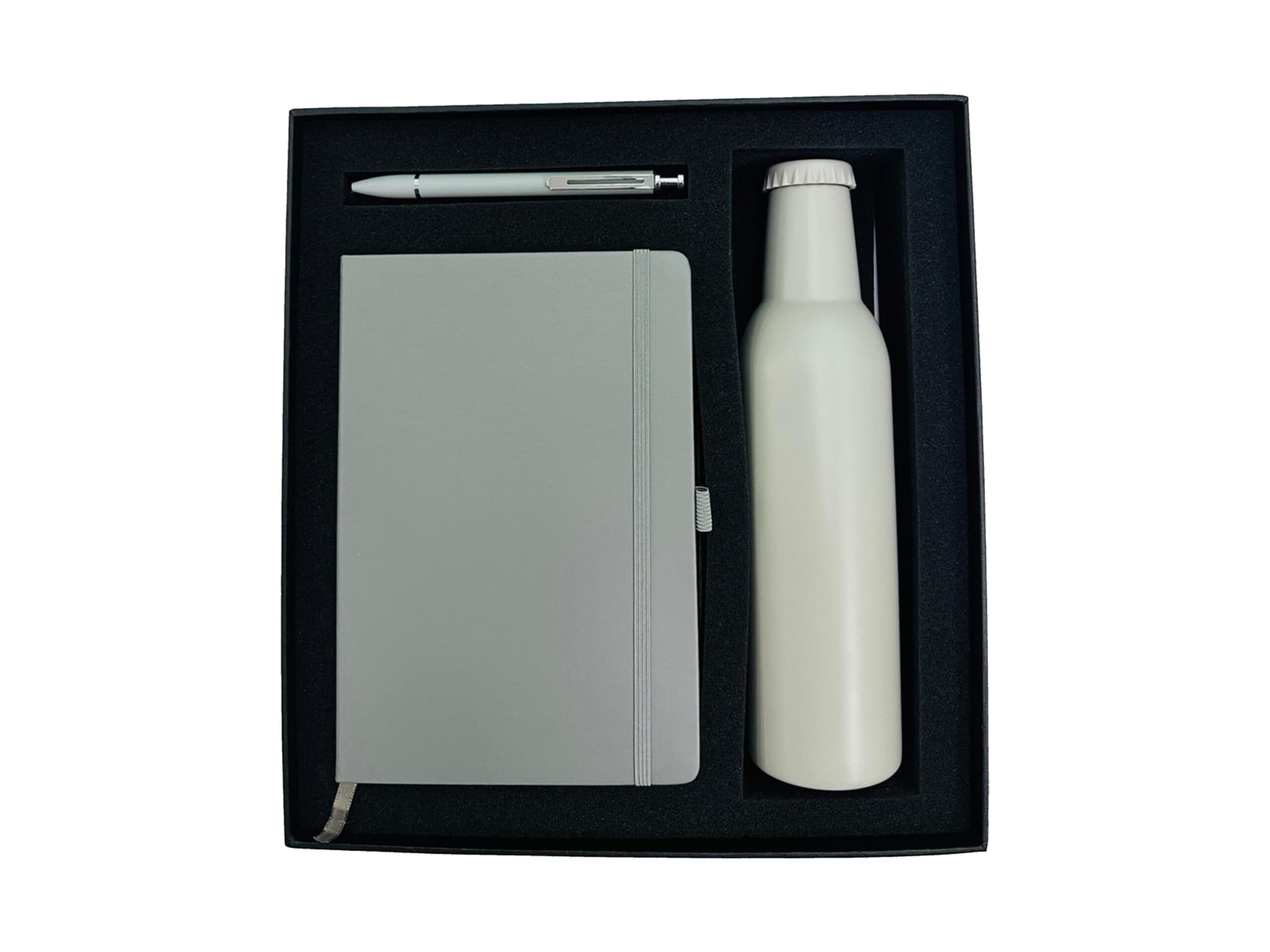 Gift set: pen, notebook, bottle in box.