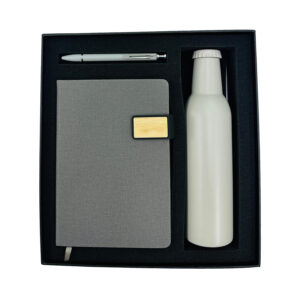 Gift set with notebook, pen, and bottle.