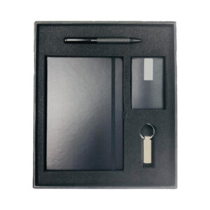Corporate gift set with notebook, pen, keychain.