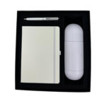 Gift set with pen, notebook, and tumbler.