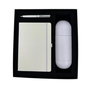 Gift set with pen, notebook, and tumbler.
