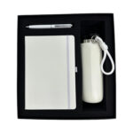 Gift set with notebook, pen, and bottle.