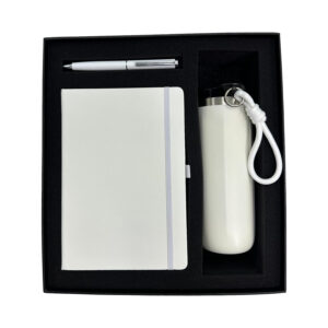 Gift set with notebook, pen, and bottle.