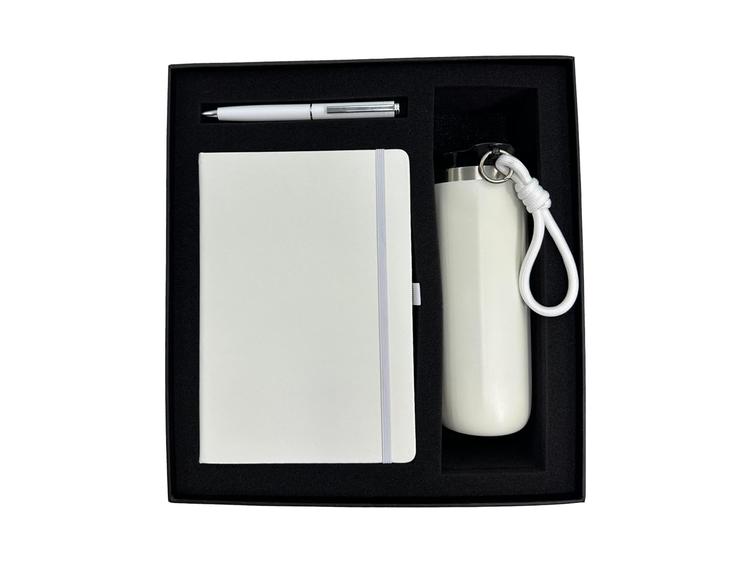 Gift set with notebook, pen, and bottle.