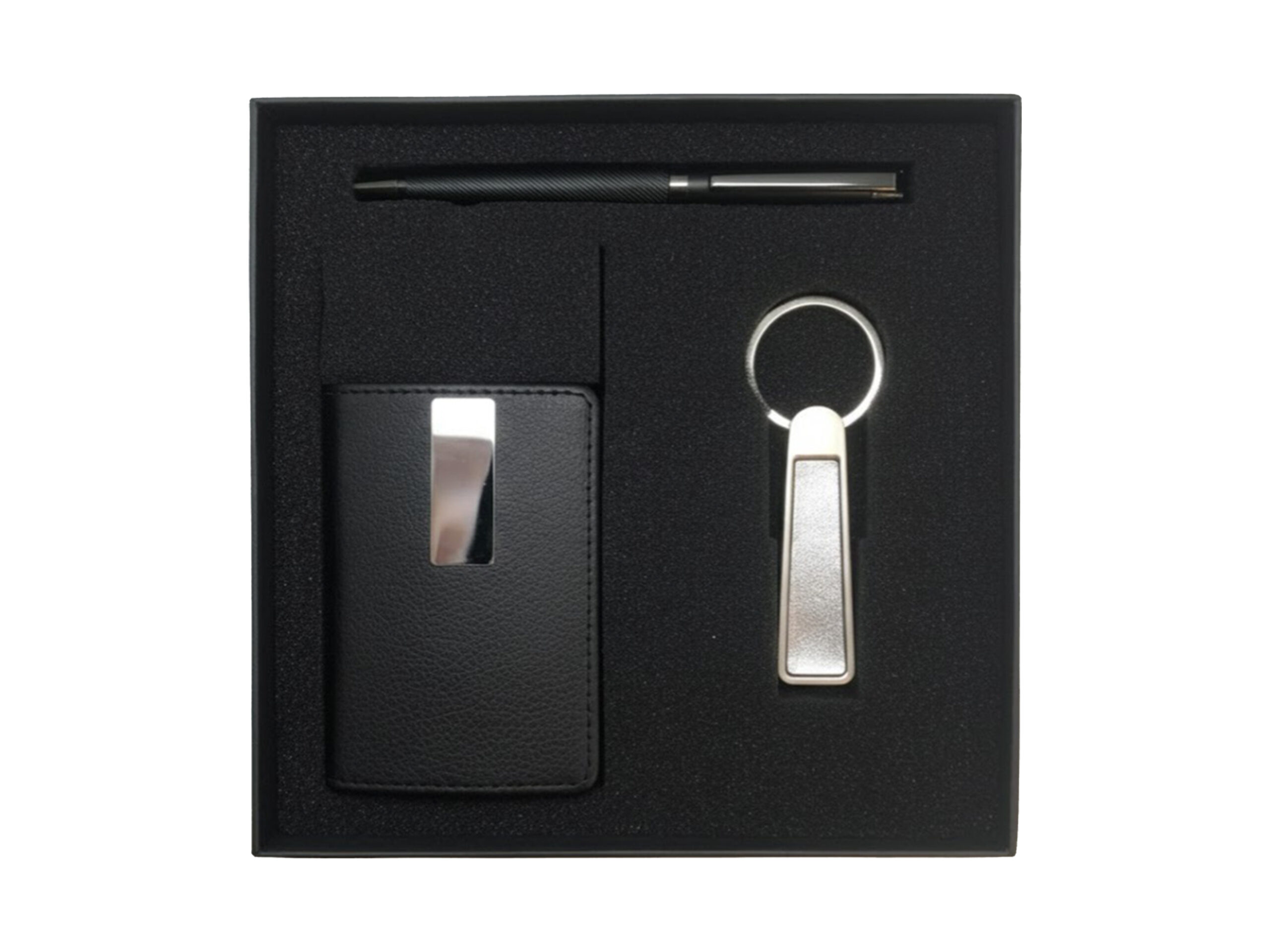 Black gift set with pen, card holder, keychain.