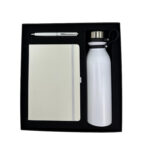 Gift set with notebook, pen, and bottle.