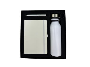 Gift set with notebook, pen, and bottle.