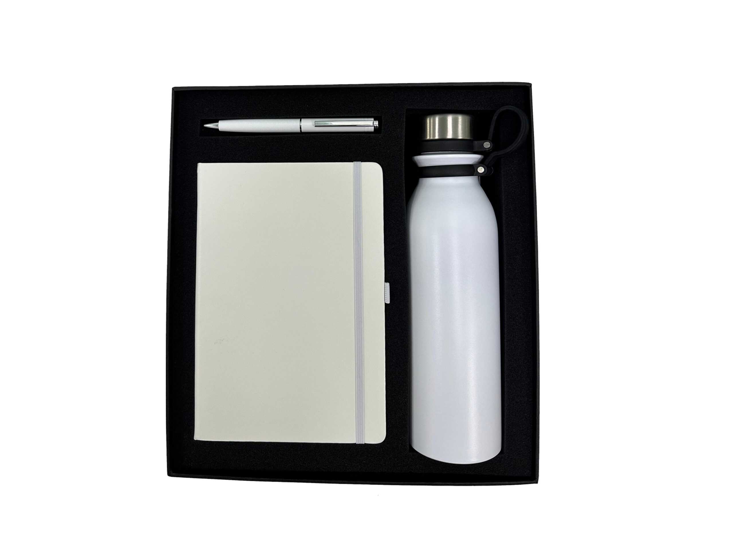 Gift set with notebook, pen, and bottle.