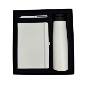 Gift set with notebook, pen, bottle.