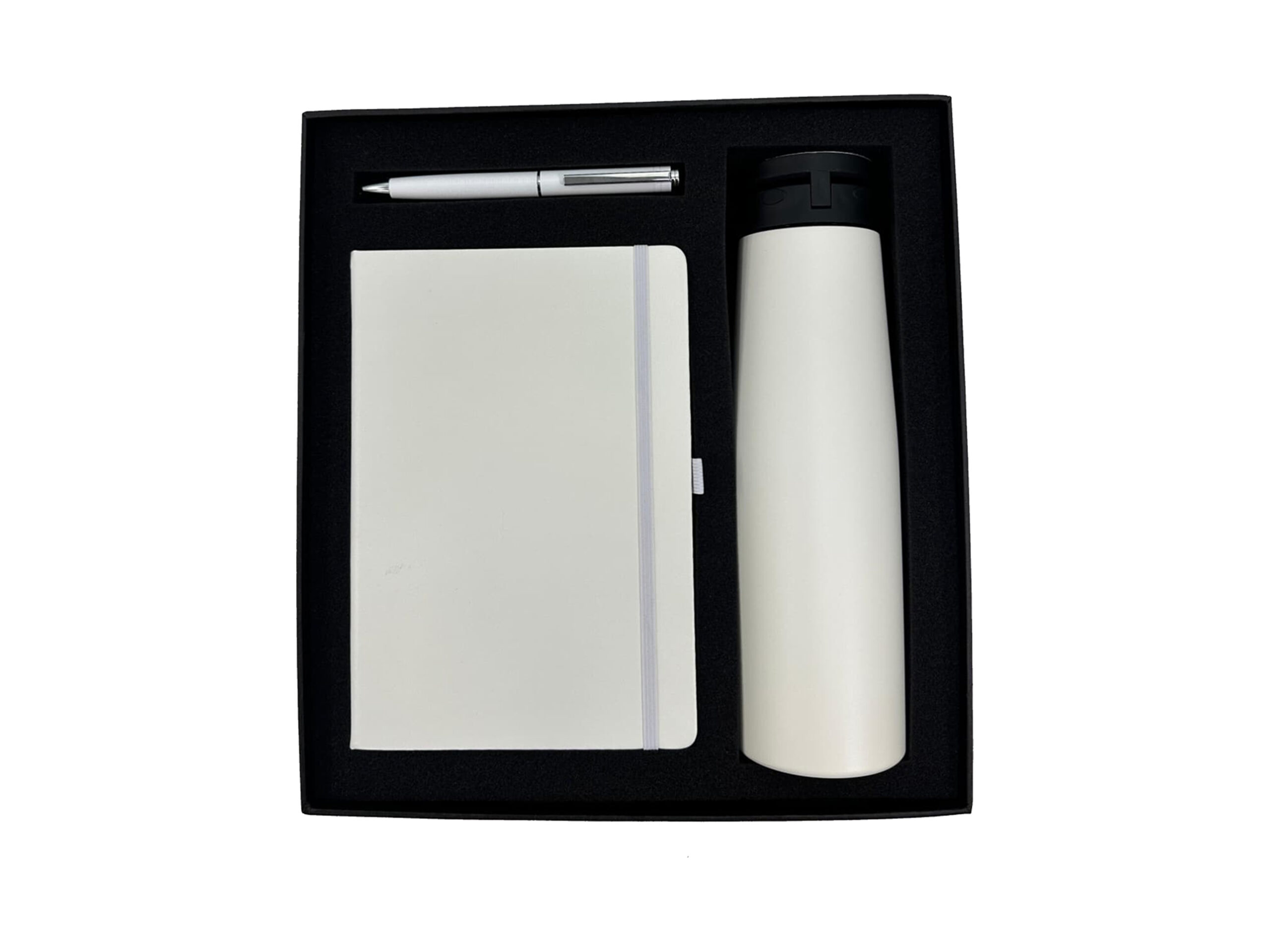 Gift set with notebook, pen, bottle.