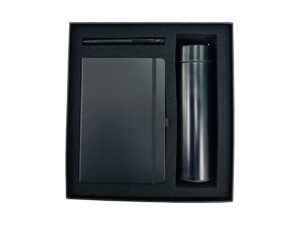 Black pen, notebook, and tumbler gift set.