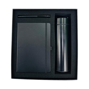 Black pen, notebook, and tumbler gift set.