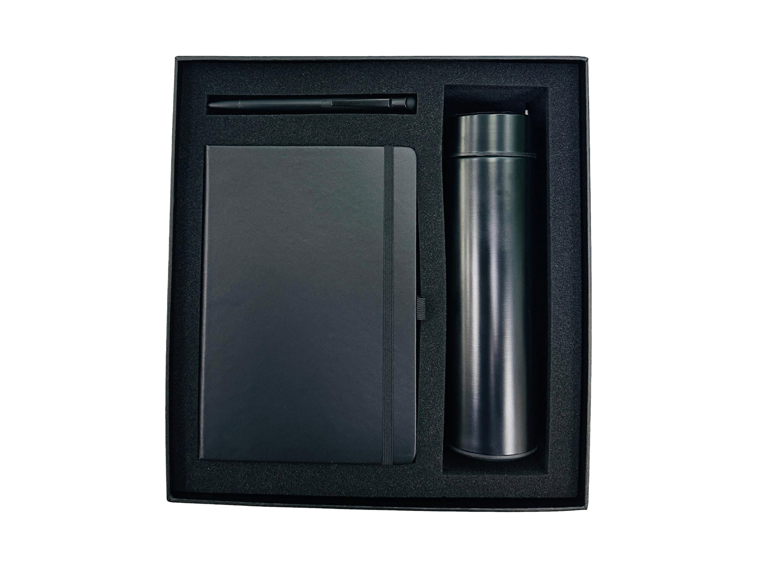 Black pen, notebook, and tumbler gift set.