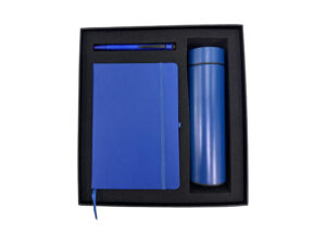 Blue notebook, pen, bottle gift set in box.
