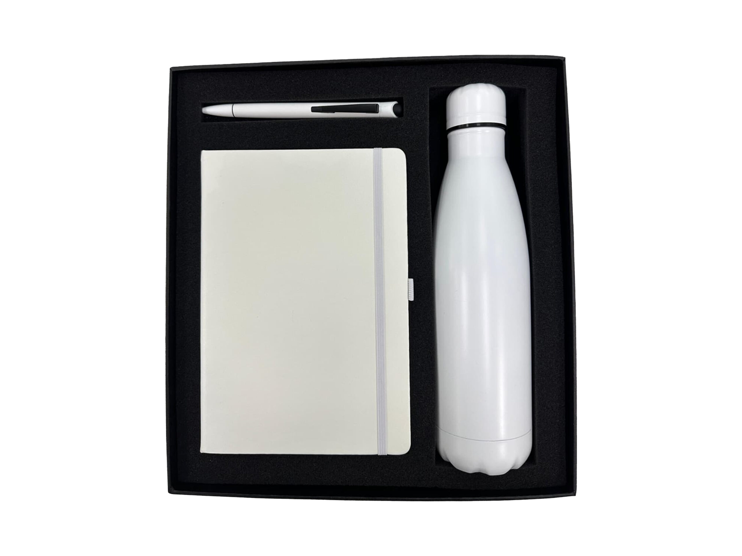 Gift set: white notebook, pen, bottle in box
