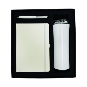 Gift set with notebook, pen, and tumbler.