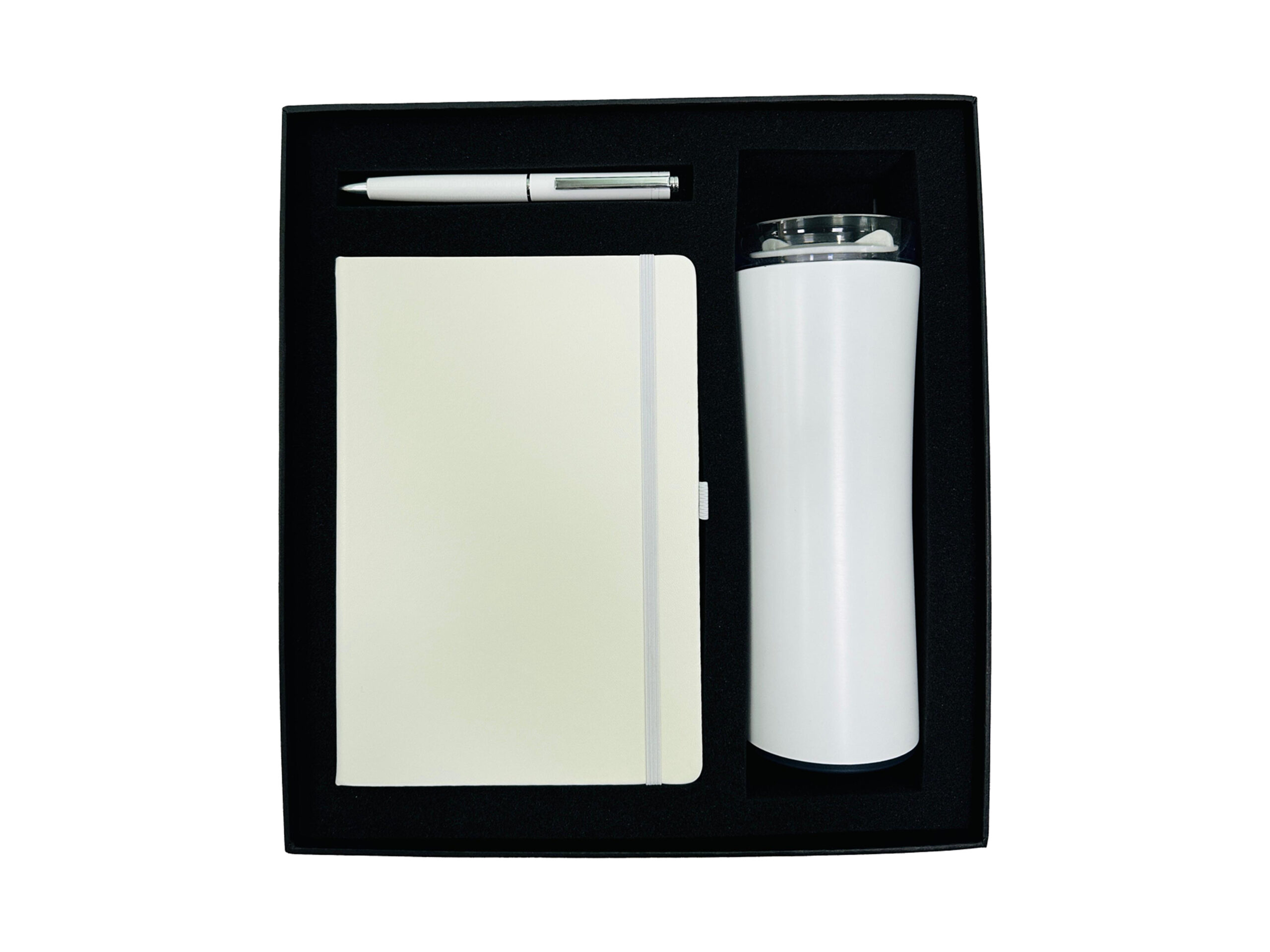 Gift set with notebook, pen, and tumbler.