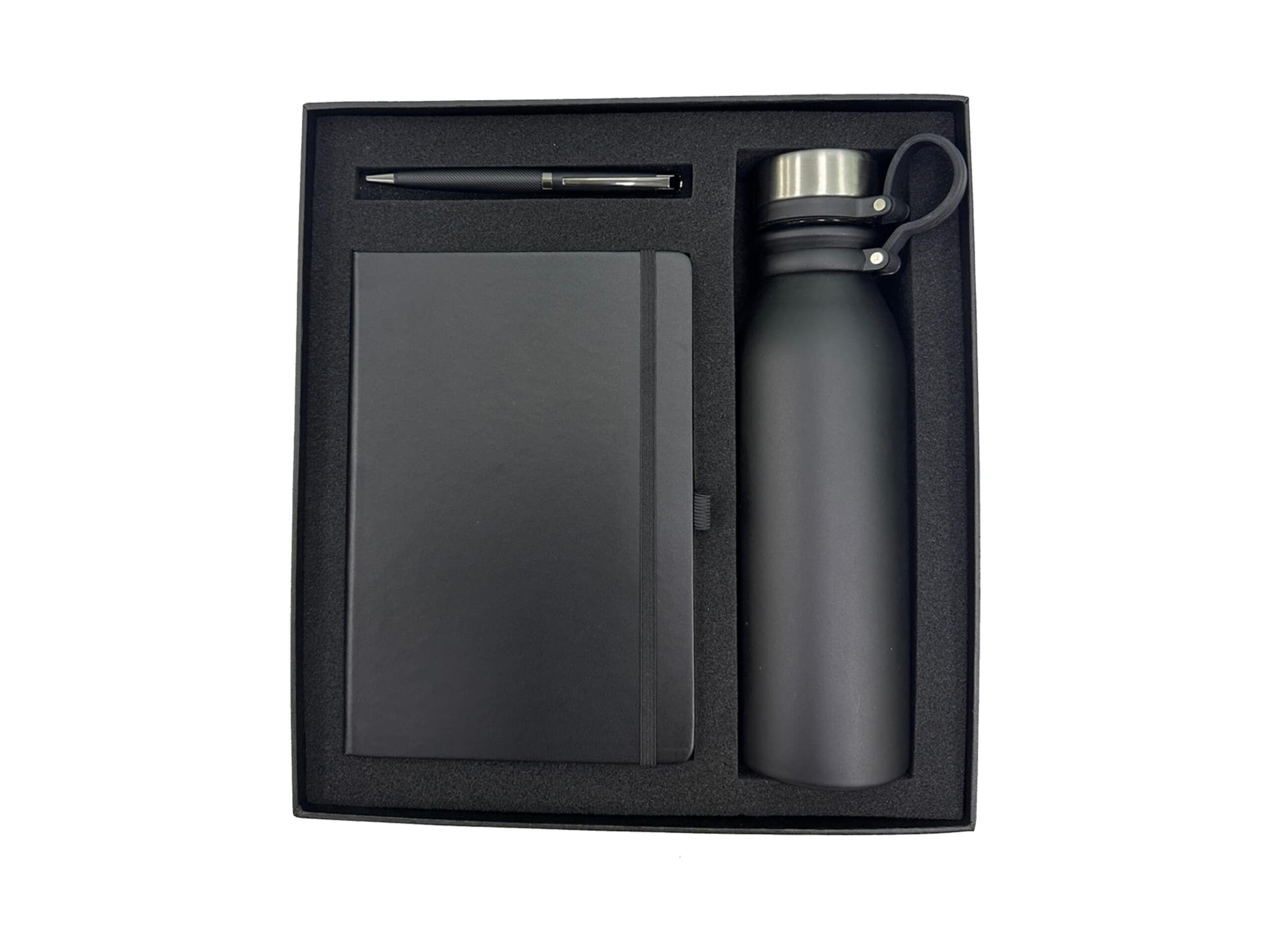 Gift set with notebook, pen, and bottle.