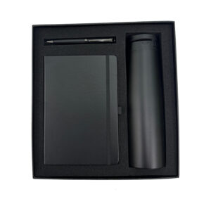 Black gift set: pen, notebook, thermos.