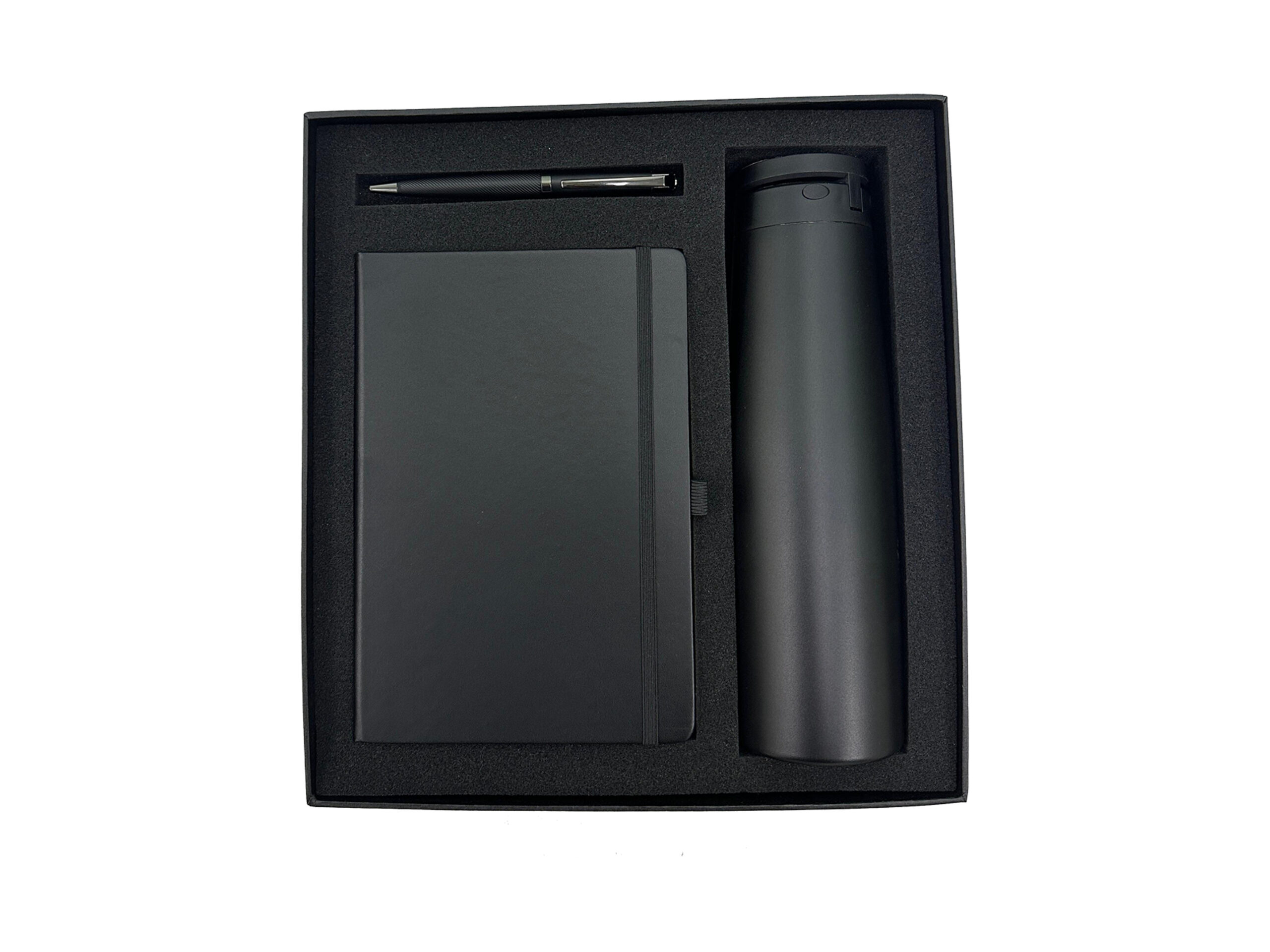 Black gift set: pen, notebook, thermos.