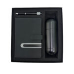 Black gift set with notebook, pen, thermos.