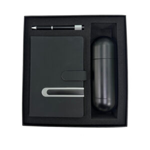 Black gift set with notebook, pen, thermos.