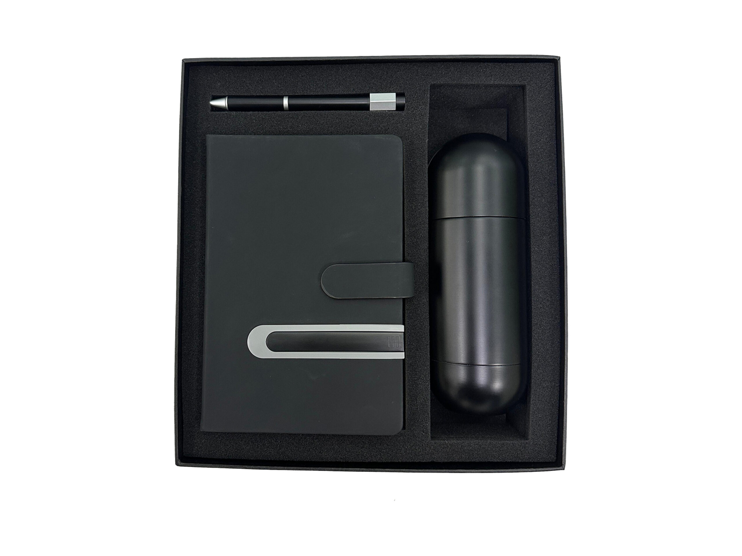 Black gift set with notebook, pen, thermos.